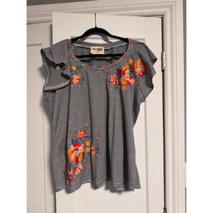 Savannah‎ Jane Black White Stripe Embroidered Floral Flutter Sleeve Top 1X